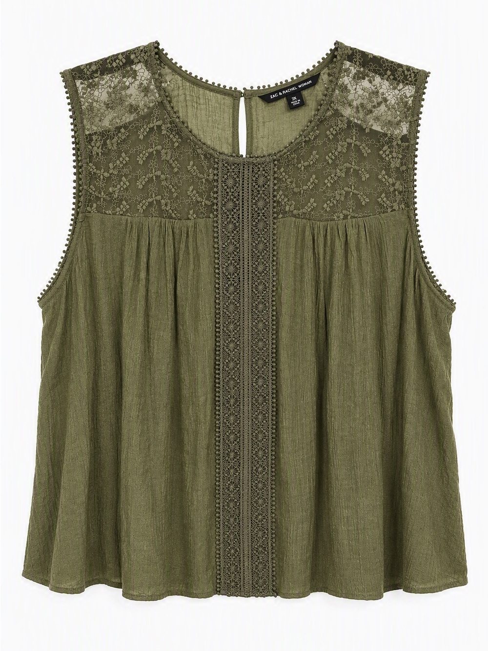 Zac & Rachel Olive Green Lace Sleeveless Blouse Top Size 2X